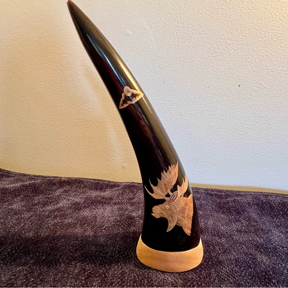 Water Buffalo Horn Moose Large Antlers & Braided Rope Inset Carved Self-Standing